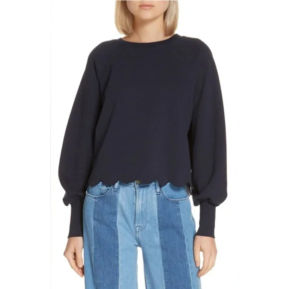 Frame Sweatshirt Small Black Scalloped Hem Puff Bishop Sleeve Pullover - Picture 1 of 7